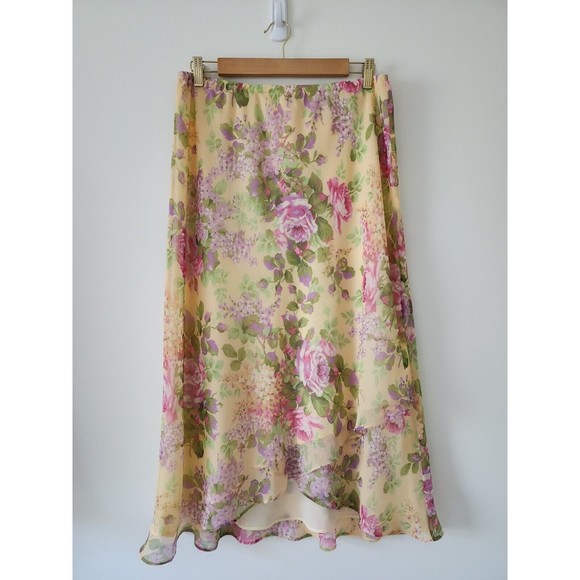 Shazdeh Womens Flowy Midi Skirt Yellow Floral Feminine Lined Elastic Waist 16P - Picture 2 of 8